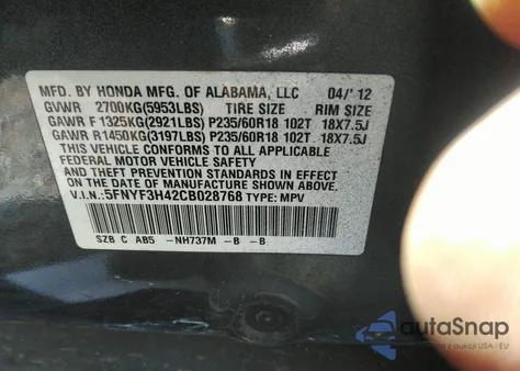 2012 Honda Pilot Ex from USA, damaged, VIN 5FNYF3H42CB028768